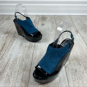 Robert Clergerie 38.5 new slingback wedge platform peep toe suede patent shoes